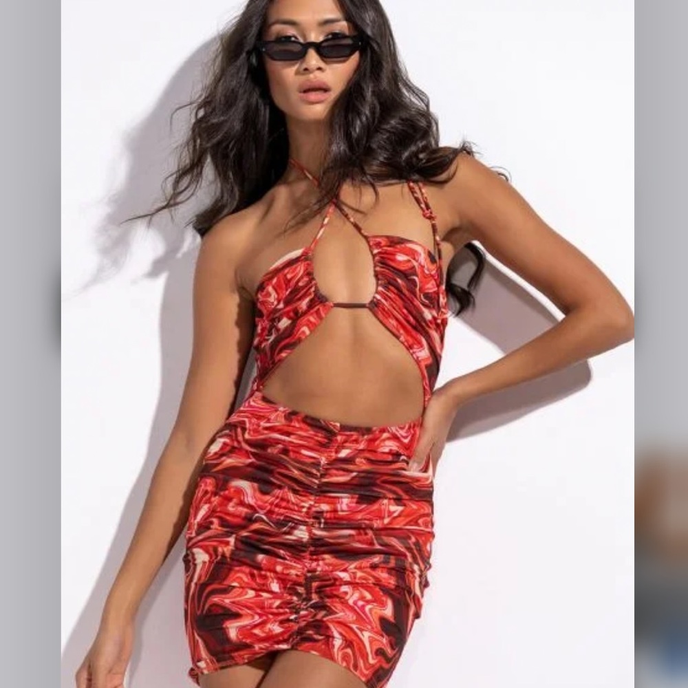 Akira orange multicolor mesh mini dress